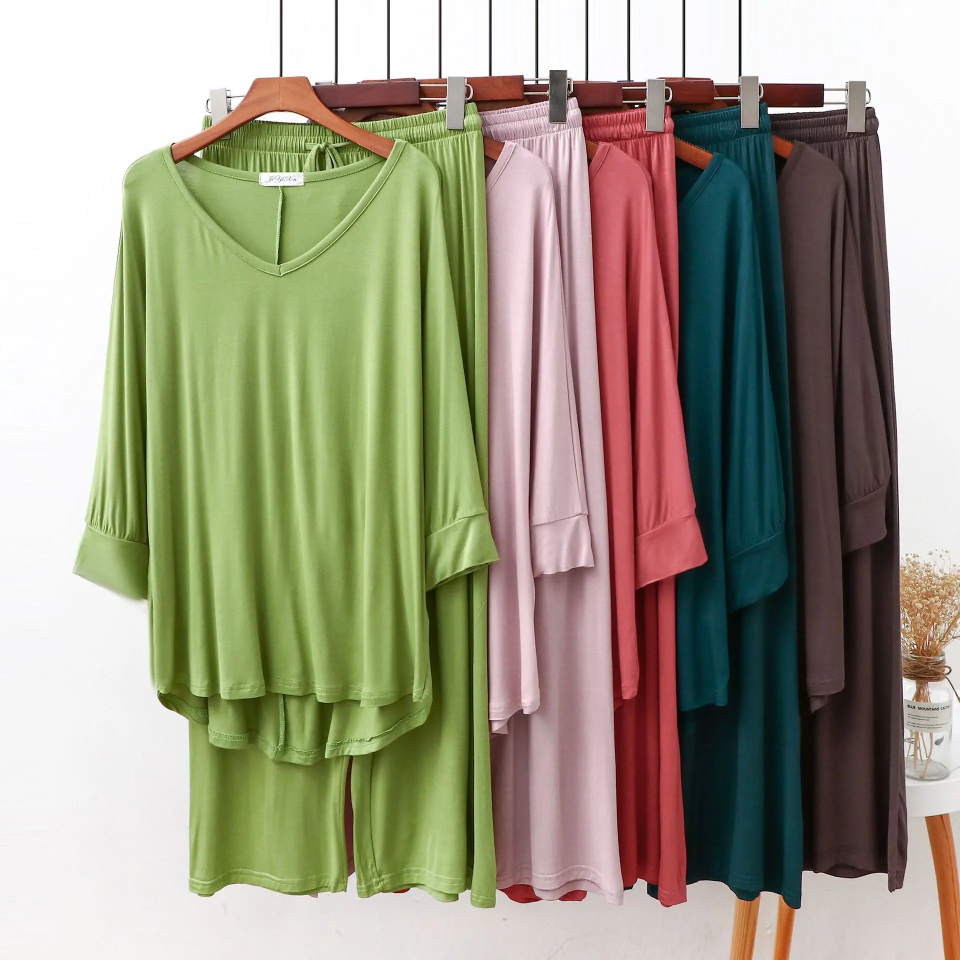 2 pieces set Buttflap Pajamas suit bat sleeve cotton v-neck elastic waist wide leg pants trousers soft home wear women pajamas set,women pajama suit,cotton pajamas set