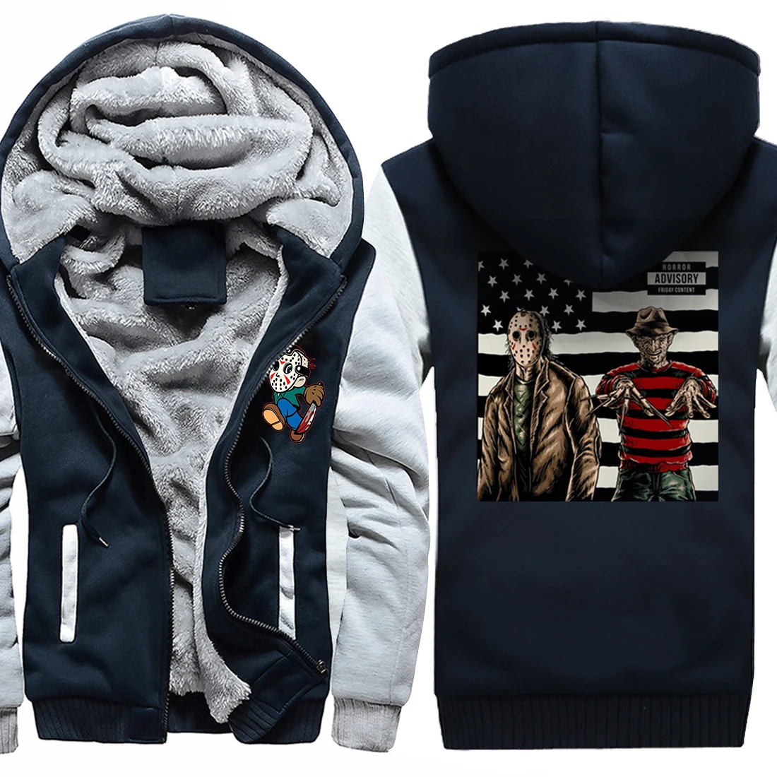 

It's Friday The 13th Jason Voorhees Print Jacket Winter Fleece Thick Hooded Coat Tracksuit Male Long Sleeve Velvet Zipper Jacket