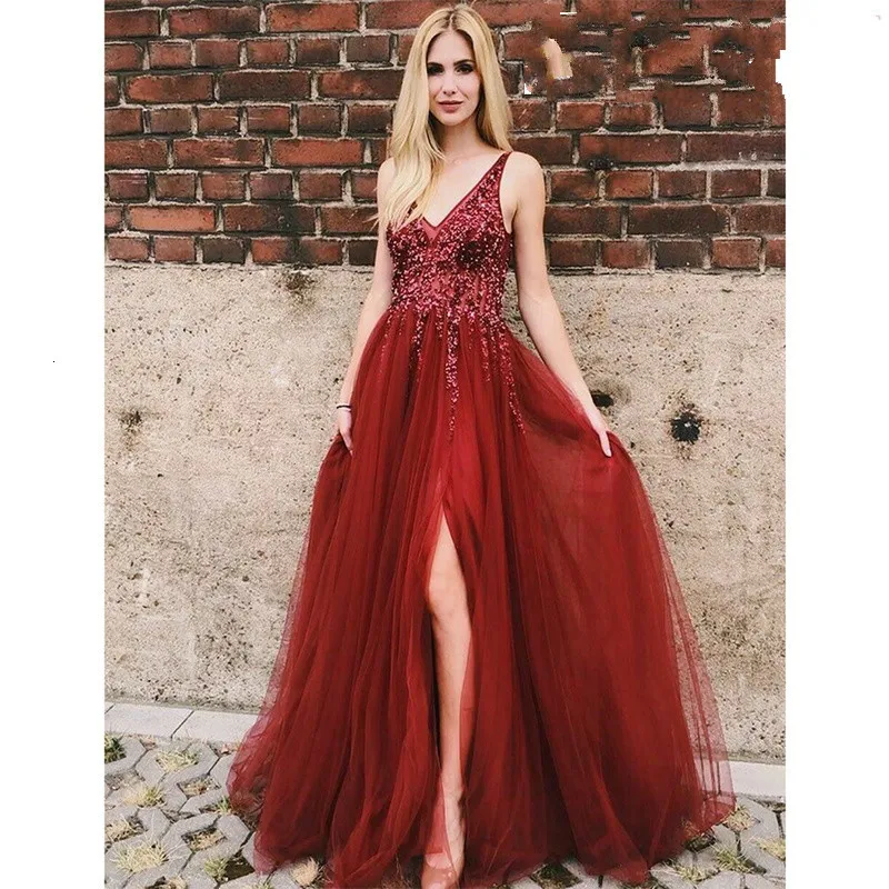 BacklakeGirls Sexy V Neck Tulle Beaded Sequined Evening Dress Sleeveless Backless Split Joint Abendkleider Lange Kristall