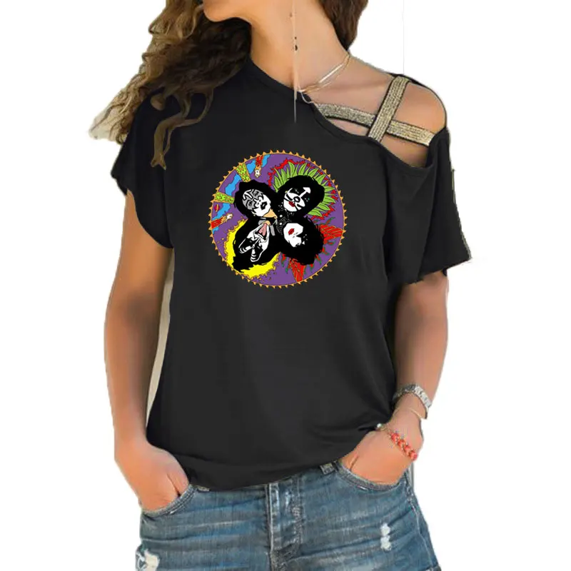 

Kiss T Shirt Women Short Sleeve Vintage 1980 Rare Rock Band Concert tee 80's Girls T-shirt Irregular Skew Cross Bandage Tee Tops