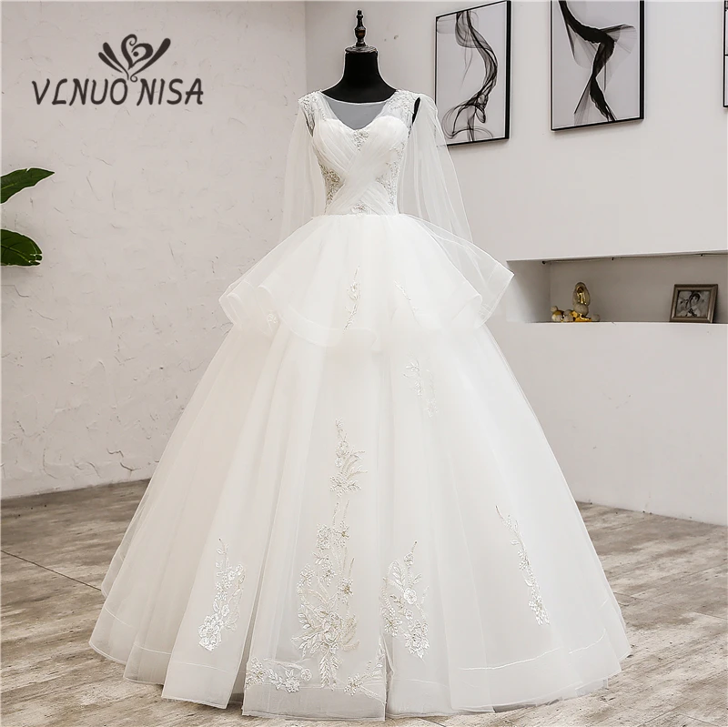 

2019 New Korean Lace O-Neck Muslim Wedding Dresses Autumn Bridal Gown Wedding Gowns robe de mariage With shawl 08