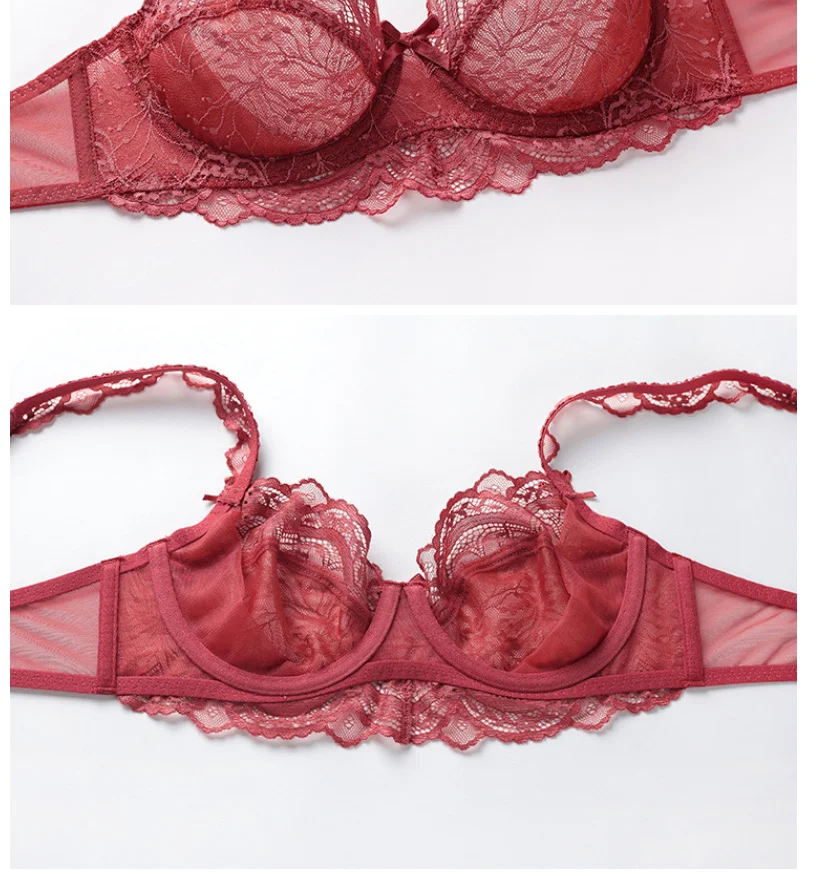 Ultra-thin lace transparent large size underwear set bra + panties 2 suits for young women A B C D E cup 90C 90D 95C 95D sexy bra panty