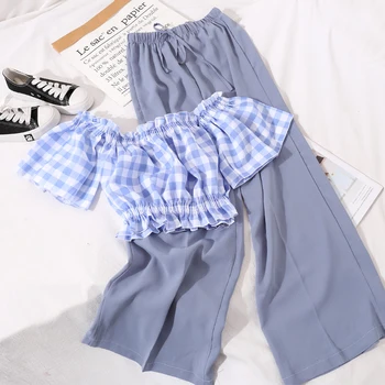 

Spring Summer 2020 New Fashion Two Piece Set Casual Short Sleeve Slash Neck Plaid Tops + Wide Leg Pants For Female 2 Pcs Set