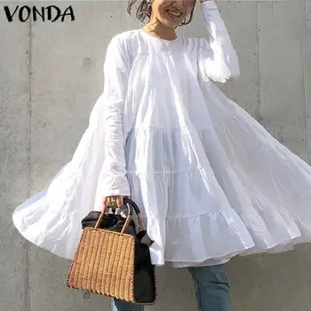 

Bohemian White Dress Women Vintage Long Sleeve Mini Dress VONDA 2020 Summer Beach Sundress Casual Loose Vestidos Plus Size