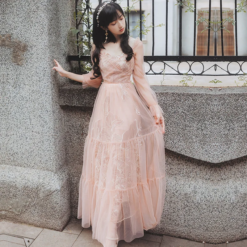 

Women Charming Homecoming Dresses V-Neck Tulle Embroidery Floral Print Full Flare Sleeve Floor-Length Floral Print A-Line Gowns