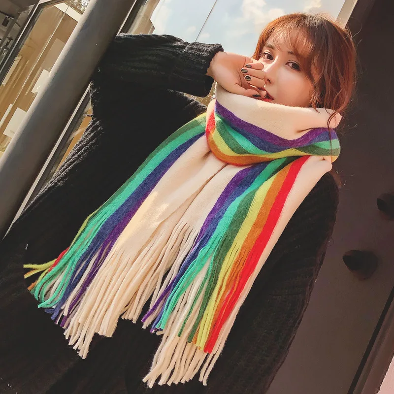 

Women Rainbow Cashmere Scarves with Tassel Autumn Winter New Soft Warm Lady Girls Wraps Thin Long Scarf Female Shawl Men Scarf