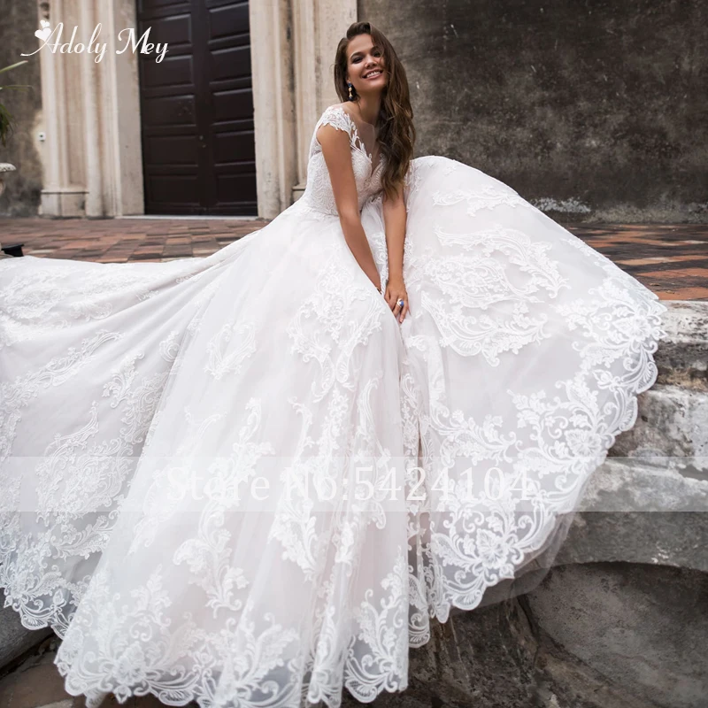 Adoly Mey Гламурные Аппликации со шлейфом трапециевидной формы свадебные платья элегантное винтажное платье невесты с глубоким вырезом и коротким рукавом размера плюс