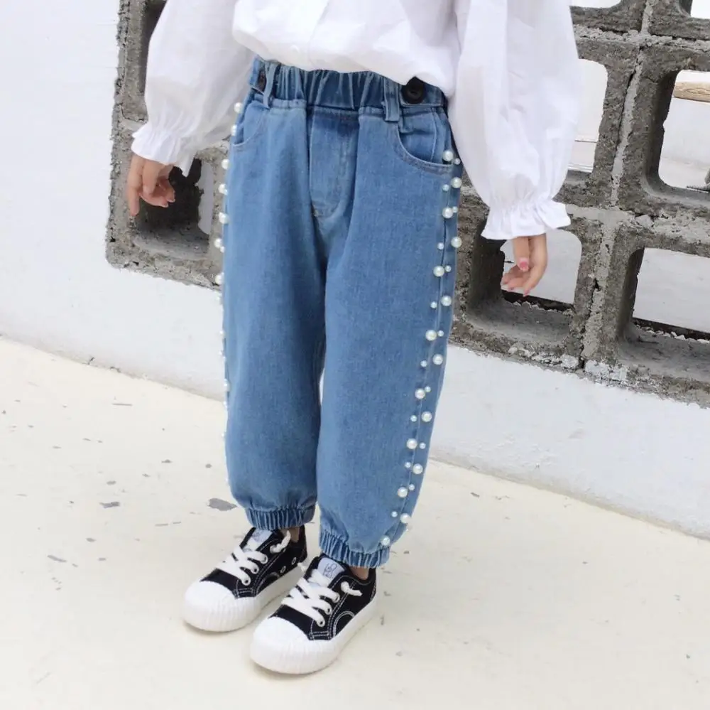 

Spring Autumn Casual Girls Denim Pants Pearl Decoration Baby Kids Loose Harem Jeans Wash Distressed Children Trousers 24M-6T