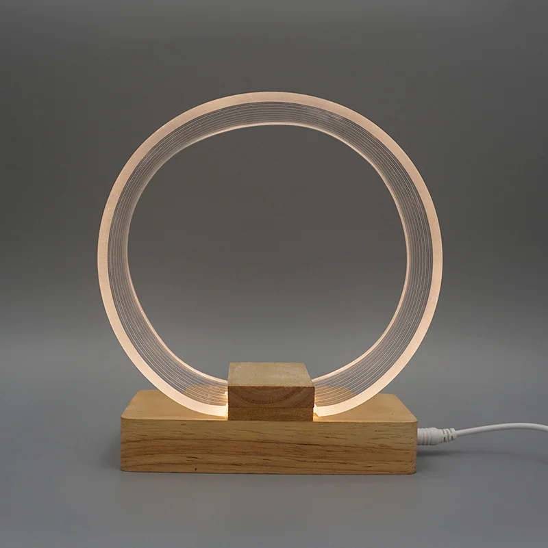 3D Nordic Style Desk Lamp USB Rechargeable Dimmable Warm White Geometric Modeling Acrylic LED Night Light Wood Base