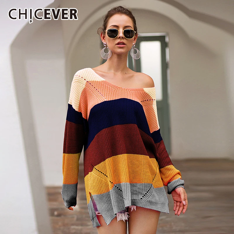 

CHICEVER Striped Hit Color Female Sweater Jumper V Neck Batwing Sleeve Off Shoulder Asymmetrical Sweaters Women Fashion Clothes