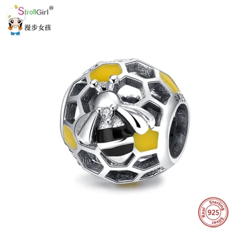 

Fine 100%925 sterling silver hollow cute bee bead with yellow Enamel charm fit Pandora bracelet women fashion jewelry gift
