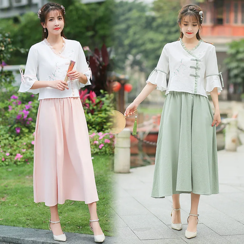 

2019 New Style Ethnic-Style WOMEN'S Dress Cotton Linen Literature And Art Embroider Jacket Chinese-style Vintage Tea Service Two