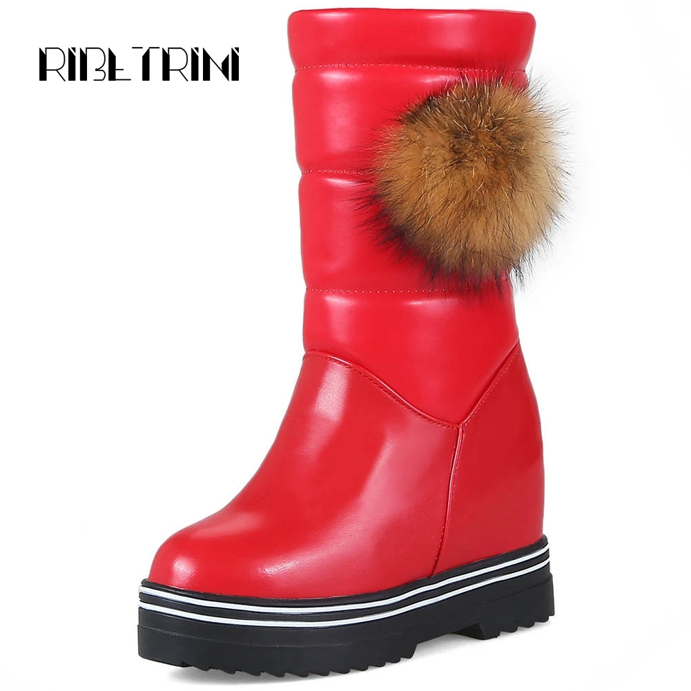 

RIBETRINI Mid Calf Boots Women Hidden Wedge High Heels Round Toe Platform Winter Fur Shoes Woman Outdoor Casual Dress Snow Boots