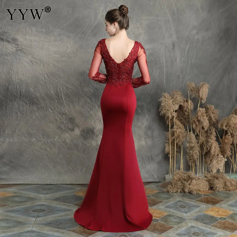 Women Evening Dress V Neck Applique Mesh Sleeve Sexy Robe De Soiree Backless Mermaid Elegant Long Party Dress Femme Formal Gowns