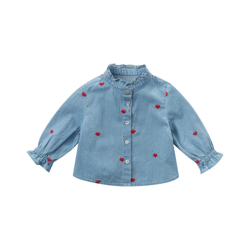 denim blue DB12975 dave bella/весенние милые рубашки с рюшами и вышивкой для маленьких девочек; топы для малышей; детская одежда высокого качества - Цвет: denim blue