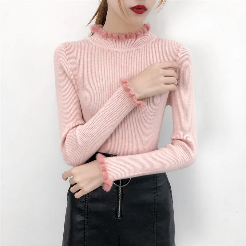 

Winter Women Fur Sweater Long Sleeve Slim Pullovers Girls Autumn Pullover Knitted Sweater Knitwear Female Clothing Sweater Black