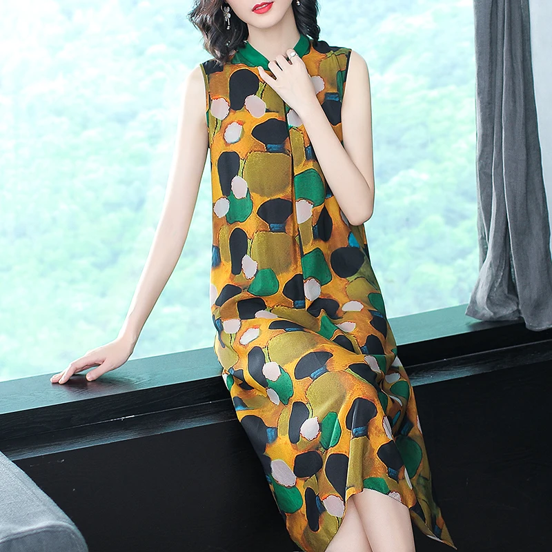 Summer Dress 2020 Female Printed Casual Dress Elagant Sleeveless Midi Beach Dresses Boho Chic Vestito Donna KJ1846