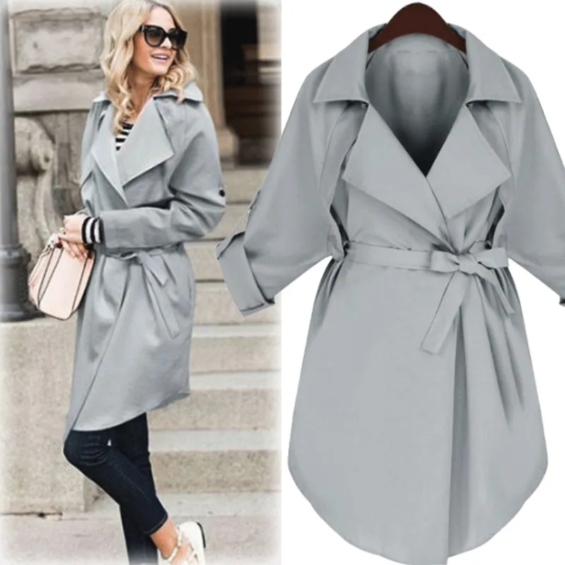 

2019 Autumn Winter Casual Women Trenches Solid Loose Long Sleeve Turn-Down Female Coats Large Size Belt Windbreaker Grey
