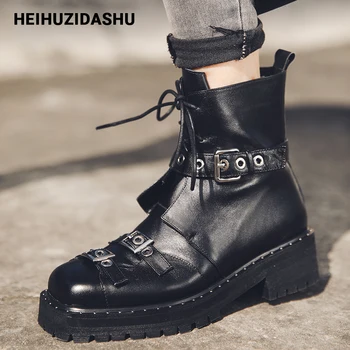 

Genuine Leather Chunky boots women lace-up Buckle ankle boots women 2020 fashion Square toe platform ZIP Motorcycle boots women