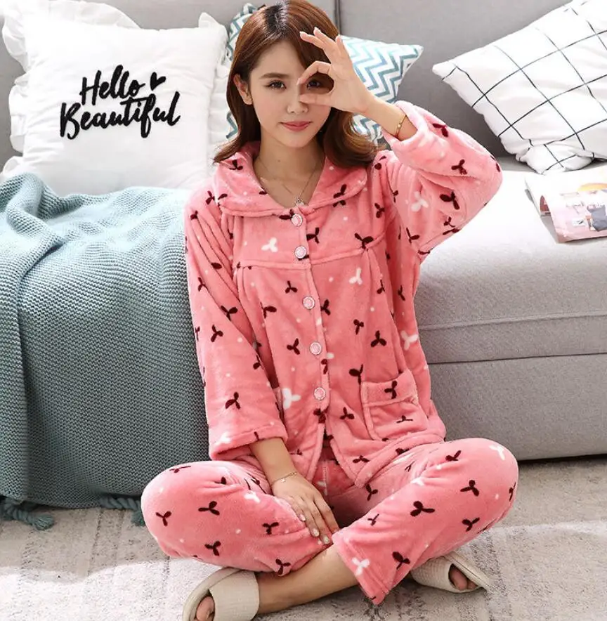 Color 12 Теплый фланелевый Пижамный комплект для женщин толстый коралловый бархат пижамы с длинными рукавами комплекты ночных рубашек Пижамный костюм Mujer женский домашний костюм - Цвет: Color 12