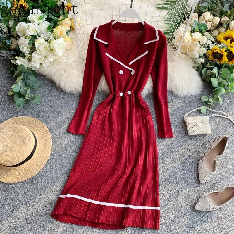 

Gaganight Women Autumn Winter Elegant Maxi Dress Knitted Elastic Long Sleeve Notched Button Party Dresses Bodycon Solid Vestidos