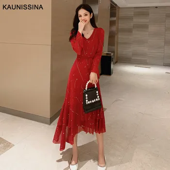 

KAUNISSINA Women Vintage Dress V-neck Long Sequins Evening Dresses Long Flare Sleeve Mermaid Evening Party Gowns Korean Vestidos