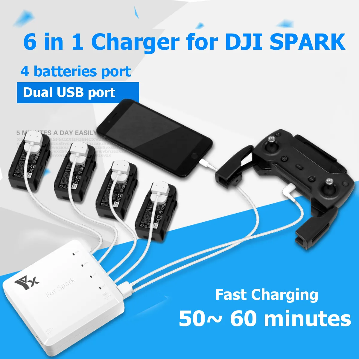 

LEORY fast charging 6 output Charger with 2 USB Ports and 4 adapters Charge charger for DJI Spark battery and remote control