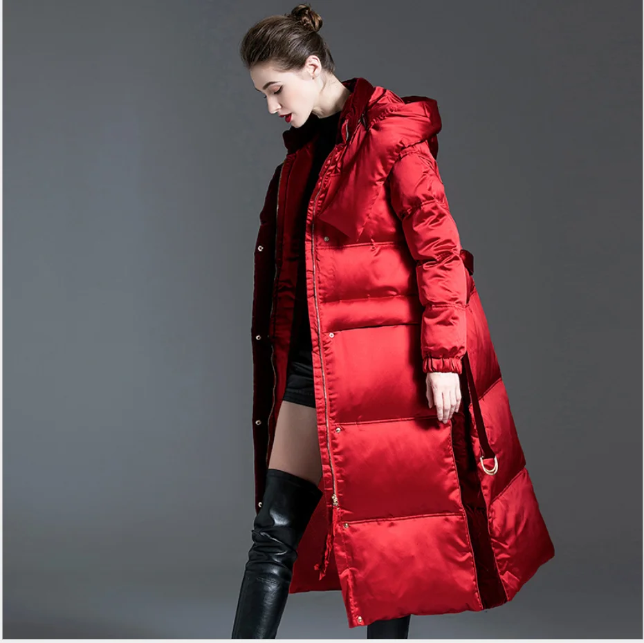 

New Winter Women Long Down Jacket Red Fashion Coat Women Coats Plus Size White Duck Down Hooded Pocket Natural Outerwear Black