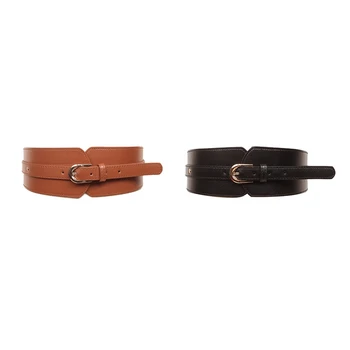

2 Pcs Leather High Belt Ladies Retro Belt Buckle Versatile Elastic Wide Belt Casual Waist Seal Decoration-Khaki & Black