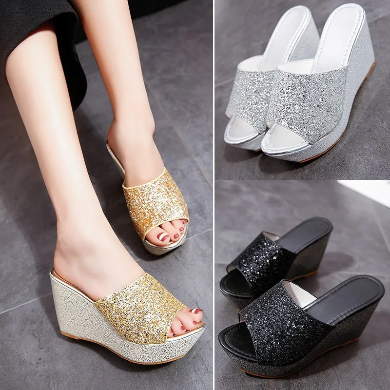 

2019 Summer New Style Slipper Women's Thick Bottomed Slanted Heel Slippers Korean-style Versatile Fashion Outer Wear Anti-slip W