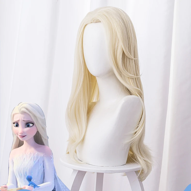 

Movie Elsa Cosplay Wig Girl 65 cm Long Hairpiece Champagne Curly Pigtail Hair Periwig with Wig cap Halloween