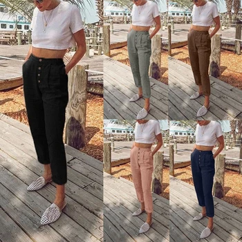 

Casual High Waist Elastic Harem Pants Button Pocket OL Style Work Trousers Spring Ankle-length Long Pencil Pants streetwear