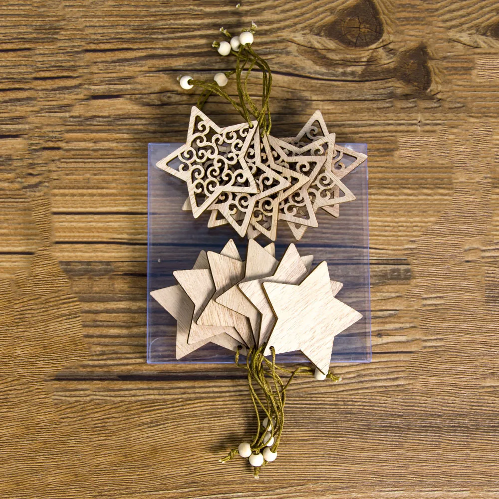Набор из 12 деревянных Подвесок в виде ангела, снежинки, оленя, рождественская елка, подвесные украшения для дома, Новогоднее украшение, SA212 - Цвет: Star