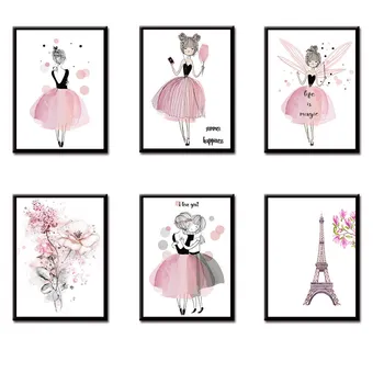 

Home decorative painting Wall Poster Nordic Cartoon Girl Eiffel Tower Flower Decorative Painting Study Living Room Multi pattern