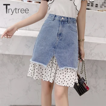 

Trytree 2020 Spring Women Casual Skirt Patchwork Wave point Cowboy Skirt A-line Fashion Mini All-Purpose Style Light blue Skirt