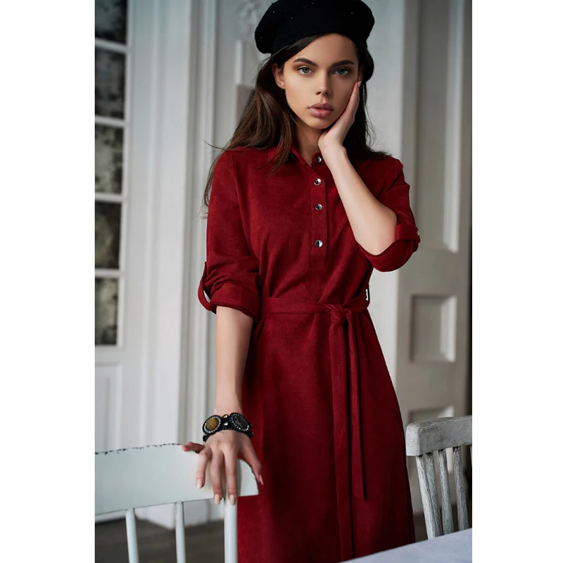 

Women Vintage Sashes Front A-line Party Dress Long Sleeve Turn Down Collar Solid Elegant Casual Dress 2019 Autumn Fashion Dress