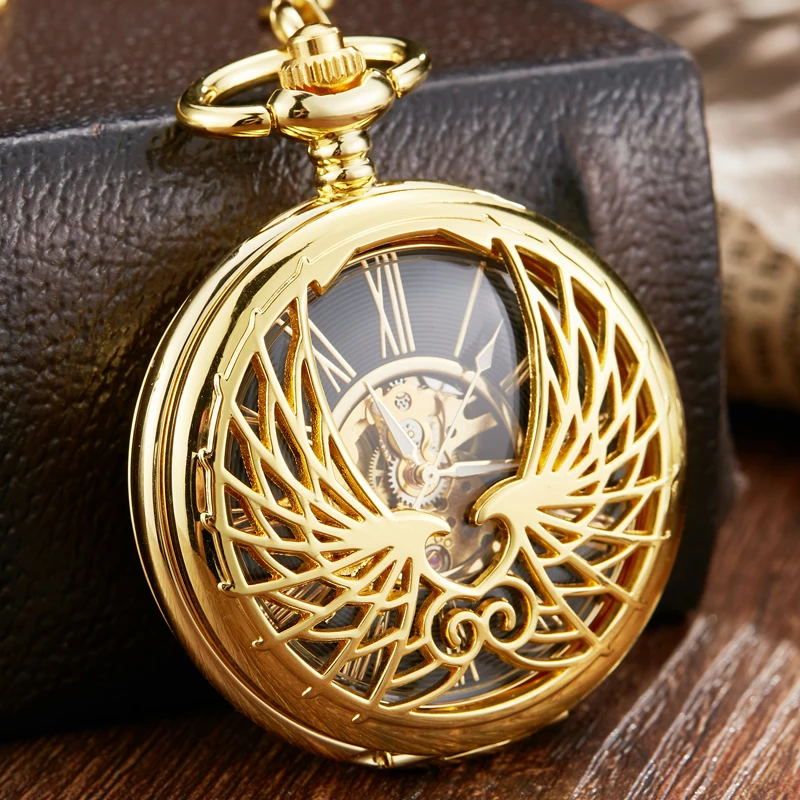 

Luxury Mechanical Pocket Watch with Chain Angel Wings Hollow Hand Winding Pendant Clock Men Women Lover Flip Fob Watches