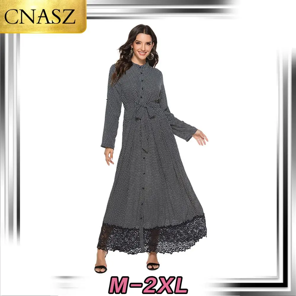

New Arrival Turkish Dubai Islamic Long Sleeved Single-Breasted Lace Large Swing Dress Muslim Marocain For Women Long Clothing