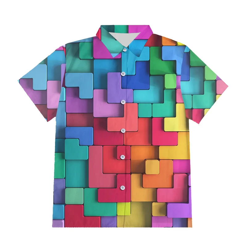 

IFPD EU/US Size Colored Square Puzzle Harajuku Men's Casual Button Shirt Cool Print 3D Shirt Plus Size Short Sleeve Hiphop Shirt