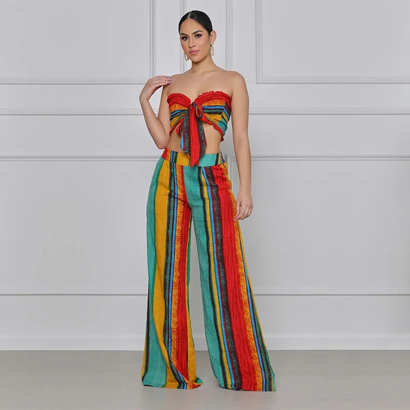 2021 Summer New 2 Piece Set Dashiki Sexy Midriff-Crop Chest Top + Bell Bottoms Casual Pants 2 Piece Set Women Straight Pantsuit