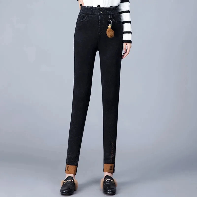 

New Winter Thick Women Warm Skinny Jeans Simple Stretch Plus Wool Fleece Female High Waist Denim Pencil Pants Big Size Trousers