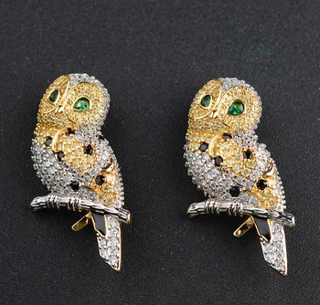 

45x18mm Cubic Zirconia 24 K Gold Plated Owl Brooch Pin - Bird CZ Brooch Animal Jewelry