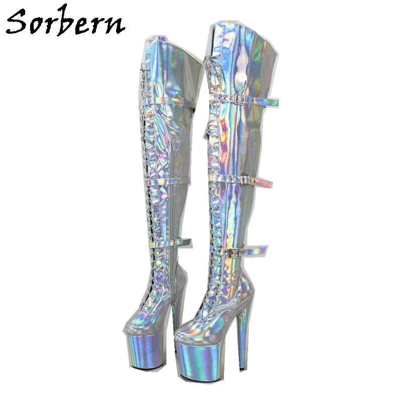 

Sorbern Silver Holo Long Boots Women 8 Inch High Heel Pole Dancer Photo Shooting Stripper Heels Buckle Straps Lace Up Custom