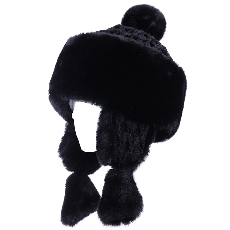 Women Winter Bomber Hats Faux Rabbit Fur EarFlaps Hat Wool Beanies