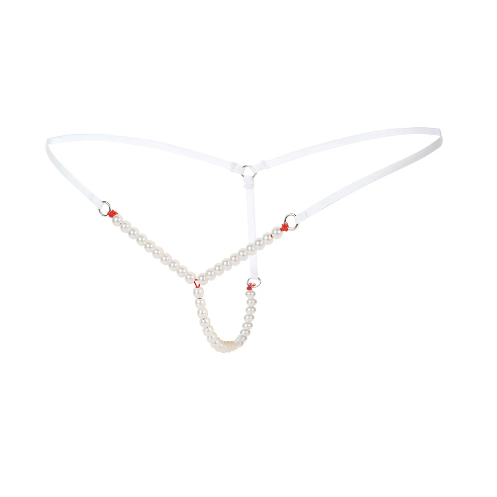 White Сексуальные женские стринги с жемчугом, эластичные плавки, открытая промежность, стринги, бесшовное массажное нижнее белье, сексуальные экзотические трусики с жемчугом - Цвет: White