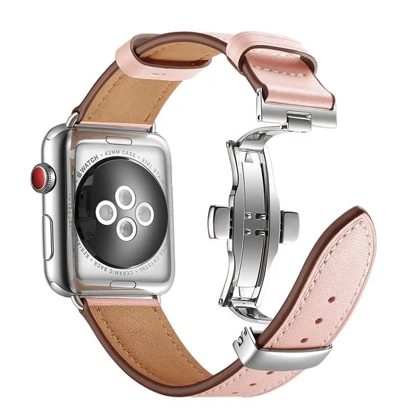 Кожаный ремешок для Apple Watch Series 5 4 44 мм 40 серебряная застежка-бабочка браслет iWatch 3/2
