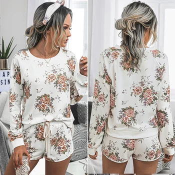 

Flower Lounge Wear Women Two Piece Outfits Floral Loungewear Set Female Long Sleeve Short Sets