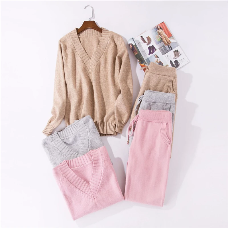 Women Knitted Tracksuit V-neck Sweater Casual Suit Autumn Winter 2 Piece Set Knit Pants Sporting Suit Femme Clothing