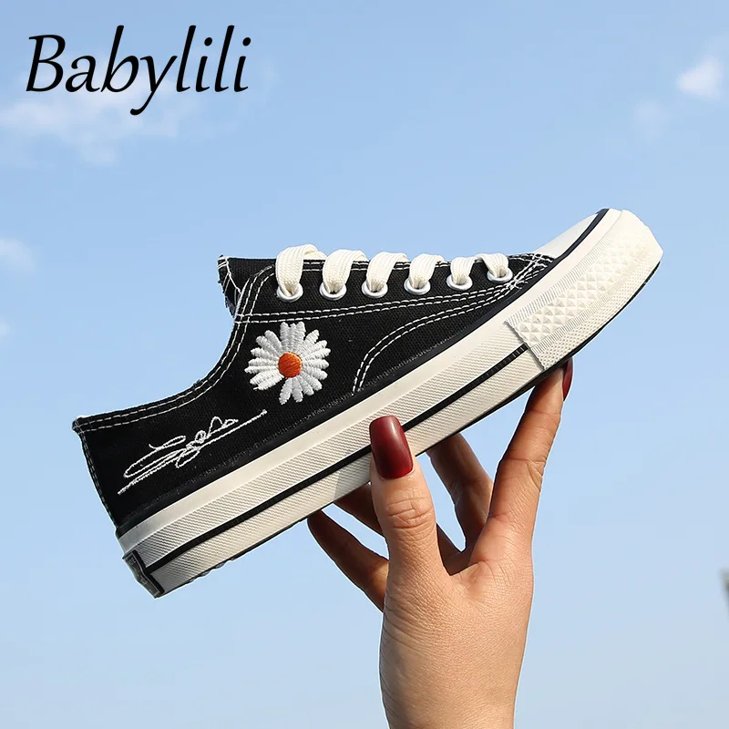 Zapatos de lona con estampado de margaritas para mujer, zapatillas de  marca, zapatos bonitos de tacón grueso de diseñador, calzado negro de alta  calidad para exteriores, novedad de 2020|Zapatos vulcanizados de mujer| -