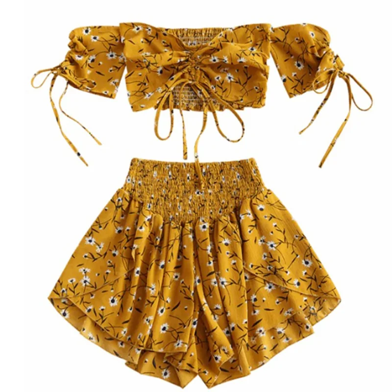 

Off Shoulder Cinched Floral Women Set Summer Slash Neck Short Sleeves Crop Top High Waist Shorts Set Beach Boho Suits